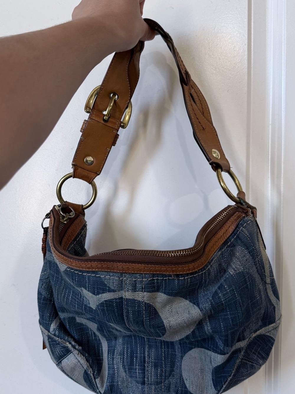 Coach Denim Signature Canvas Shoulder Bag with Brown Leather Trim - Picture 2 of 15